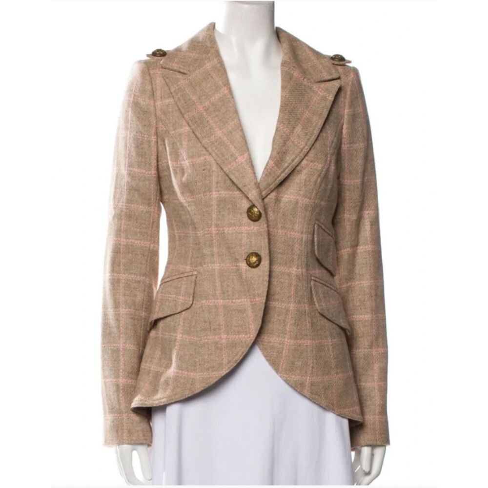 Smythe Virgin Wool Tan & Pink Plaid Print Blazer Women's Size 8